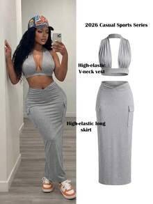Slaydiva Conjunto Feminino Cinza de 2 Peças em Tricô, Estilo Y2K Street Sweet para Festival de Música de Verão à Noite, Colete com Decote V Profundo + Saia Longa Envolvente no Quadril - Cinza - Visão 7