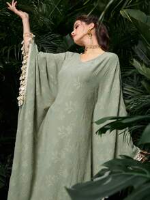 Al Najma Women's Green Woven Cutout Floral Long Sleeve Tassel Sequin Lace-Up Elegant Turkish & Arabic Traditional Long Cardigan, Spring/Summer - Green - View 5