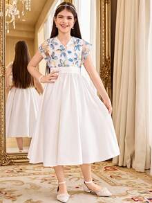 SHEIN Tween Girls' Elegant White V-Neck Short Sleeve Dress,White And Blue Floral Summer Wedding Guest Girl Vintage Midi Dress Puff Sleeves Spring Dress - White - View 4