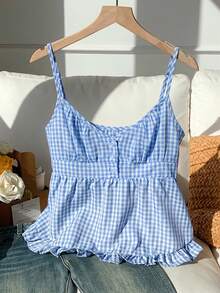 SHEIN EZwear 女士宽松休闲蓝色格子荷叶边吊带背心，春夏款 - 藍色 - 查看 3