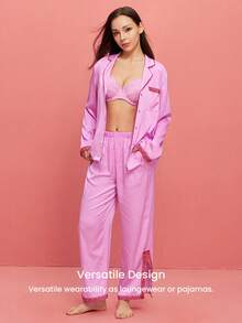 LUVLETTE Women Sexy Silky Satin Luxurious Lace Trim Button-Up Long PJ & Lounge Sets Airy Pink Loungewear Pajama Set Lingerie Valentine's Day Gifts - Pink - View 8