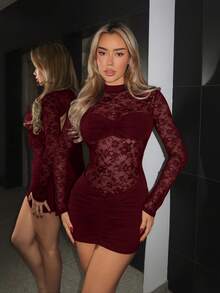 SHEIN ICON Women's New Years Burgundy Holiday Sexy Sheer Contrast Lace Ruched Backless Bodycon Mini Dress - Burgundy - View 4