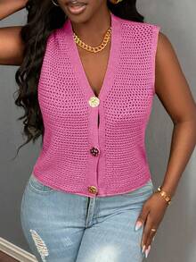 BamGleam New Green Metal Large Button V-Neck Sweater Vest, Hollow Out Cardigan, Casual Sexy Minimalist Sweater Vest For Autumn, Winter, Spring - Pink - View 4