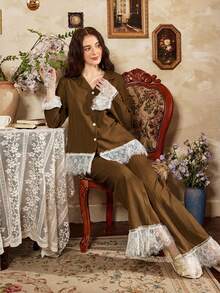 Elegant French Romantic Lace Patchwork Women Pajama Set - Rust Brown - View 1