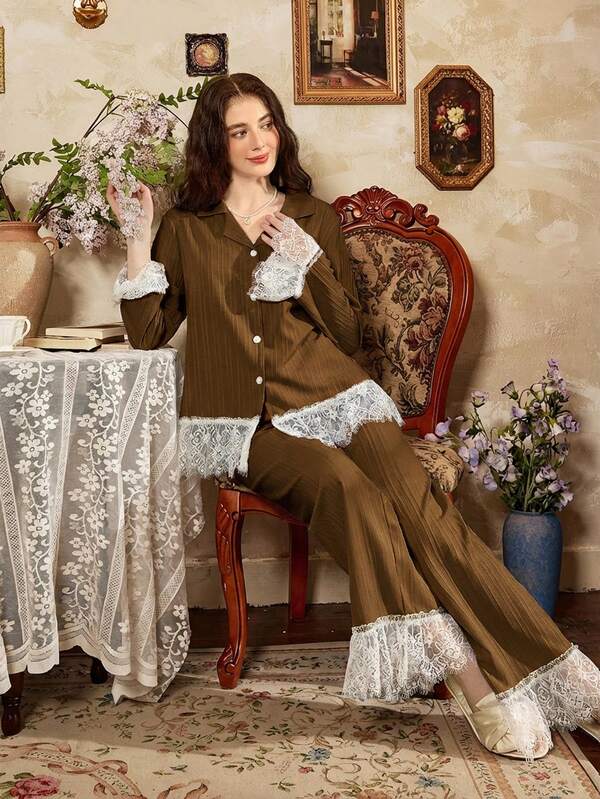 Elegant French Romantic Lace Patchwork Women Pajama Set