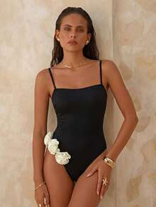 Swim Chiccia 女士夏季沙滩针织提花褶皱面料吊带连体泳衣，饰有花卉图案，休闲优雅 - 黑色 - 查看 1