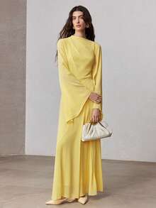 ZEYLAH Váy dài tay rộng không đối xứng ôm sát, mùa xuân - Màu vàng - Xem 4