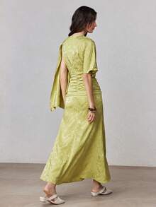 ZEYLAH Jacquard Asymmetric Shoulder Fitted Mid-Length Dress, Spring - Green - View 3