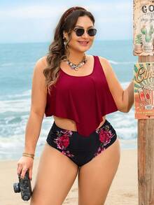 Swim Lushoire Plus Size Tankini Bikini Set Cerise Pink,Summer,Boho,Vacation,Holiday High Waisted Two Pieces Swimwear Printed Red Contrast Black Beachwear - Burgundy - View 4