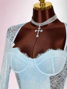 Amplova Women's Floral Lace Sweetheart Neck Long Sleeve Fitted Sexy Mini Dress - Blue - View 3