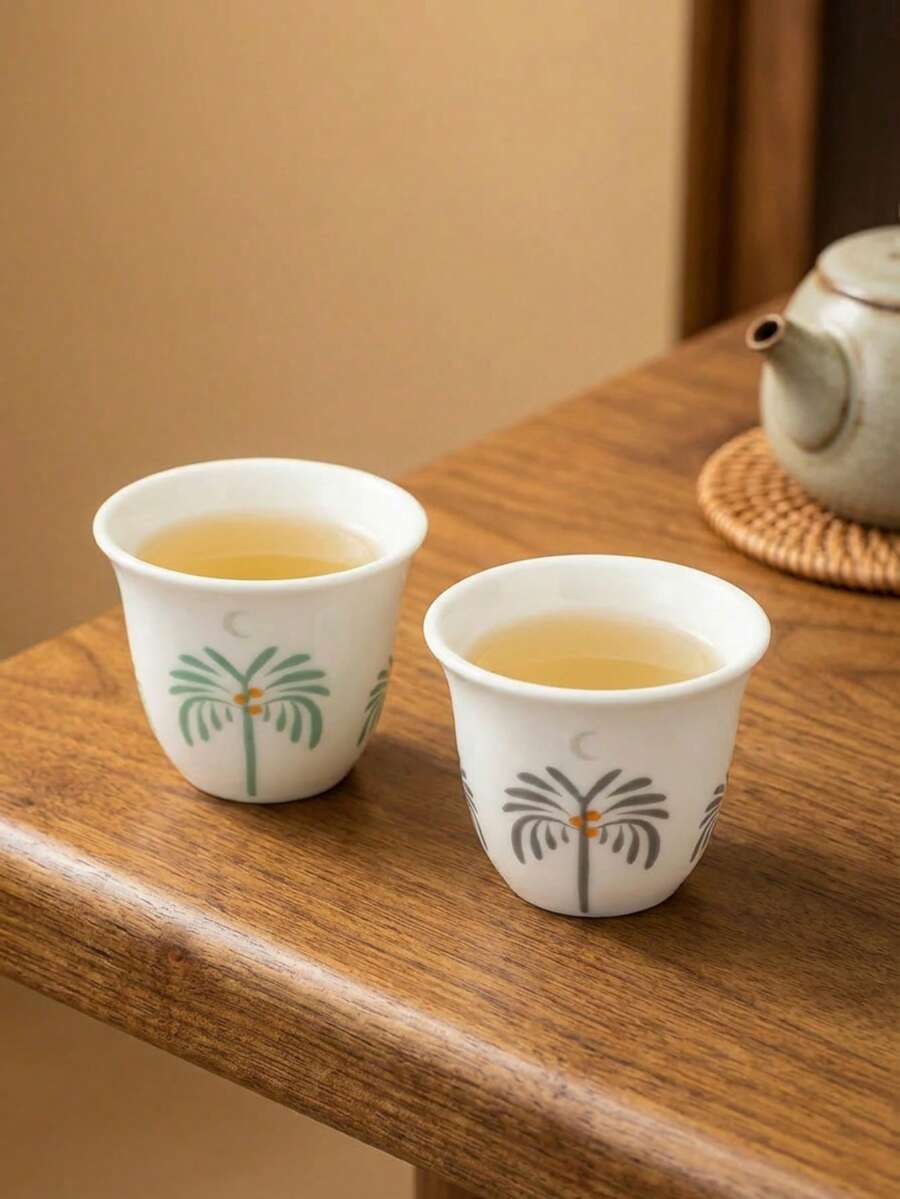 Cirelle 6pcs Arabic Coffee Cups (Finjan) - 60ml Ceramic With Palm Tree Pattern, For Traditional Serving With Dallah & Gift - Multicolor - View 1