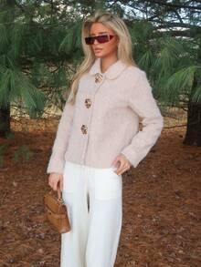 Sydney Algeri Stylish Women's Short Khaki Teddy Coat With Regular Sleeves Collar And Unique Gold Button Fastening - Khaki - View 4