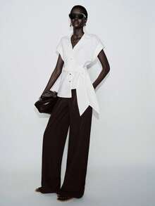 Lumivelle 女士时尚休闲通勤办公领带短袖衬衫，春夏款 - 白色 - 查看 7