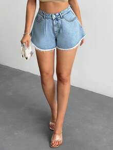 EURMUSE Summer Casual Washed Frayed Hem Denim Shorts - Light Wash - View 4