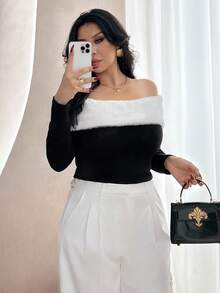 Modelyn Elegante camiseta de punto con hombros descubiertos, de colores contrastantes y textura suave y esponjosa para fiestas, otoño/invierno - Blanco y Negro - Ver 4