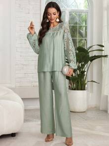 Lacomfia New French Retro Long Sleeve Lace Patchwork Hollow Out Blouse & Pants Set, Misty Blue - Green - View 5