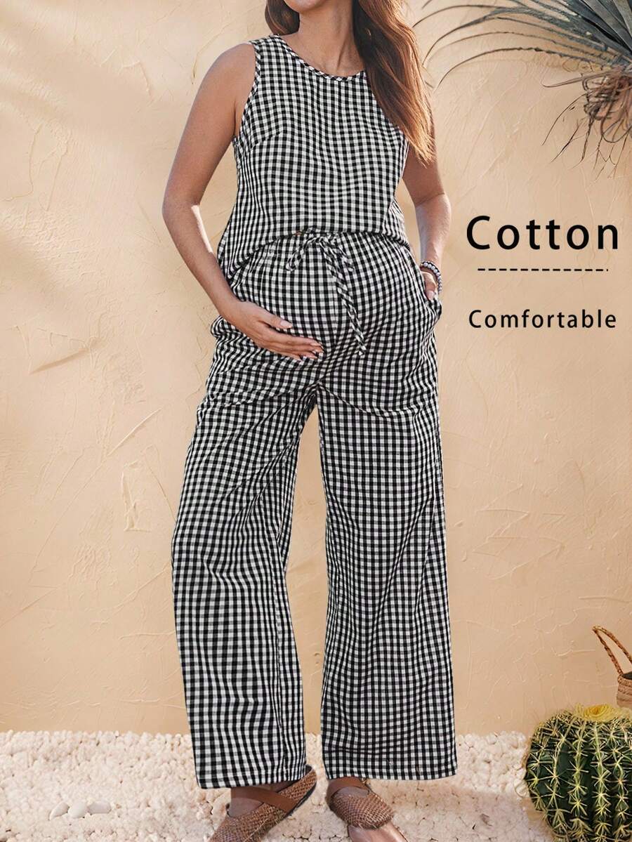Boho Mama Bộ đồ bầu 2 mảnh không tay cổ tròn dáng rộng thoải mái - màu đen - Xem 1