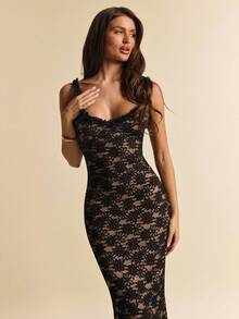 SHEIN BAE 黑色蕾丝碎花吊带连体连衣裙，优雅蕾丝连衣裙，适合派对和聚会 - 黑色 - 查看 6