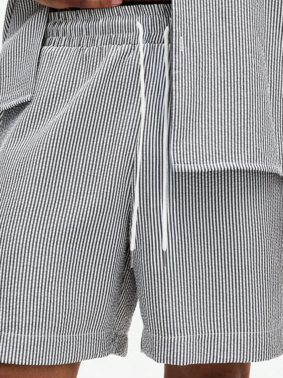 SUMWON Men Striped Short Sleeve Button Up Shirt And Matching Drawstring Shorts Summer Co-Ord Set