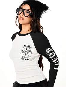 SUMWON WOMEN Women Long Sleeve Raglan Graphic Tee With Cross Print And Number Details - Black - View 3