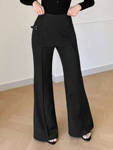Modelyn Pantalon évasé 2 en 1 élégant pour le travail et les déplacements, de couleur unie simple et polyvalent avec boutons pour femmes - Noir - Voir 6
