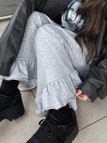 FRIFUL Women's Elastic Waist Layered Ruffle Hem Maxi Pants - Grey - View 1