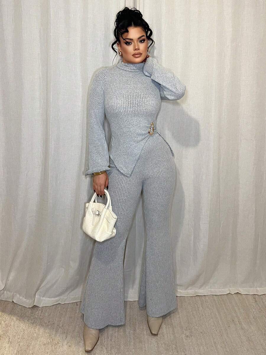 Dayanna Comas New Women High Neck Ribbed Knit Fleeced Asymmetrical Metal Decor Flare Sleeve Top And Flare Pants Two Pieces Set, Versatile For Daily Wear, Elegant & Youthful, Autumn/Winter - Grey - View 1