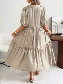 Ceyna Vestido corto de manga corta con cuello en V, estilo casual, a rayas y lunares, vestido de picnic para mujer, ropa de resort, vestido casual de verano a rayas y midi, vestido de verano estilo prairie, vestidos de verano para mujer, vestido con volantes, vestido casual con cuello en V para mujer - Caqui - Ver 2