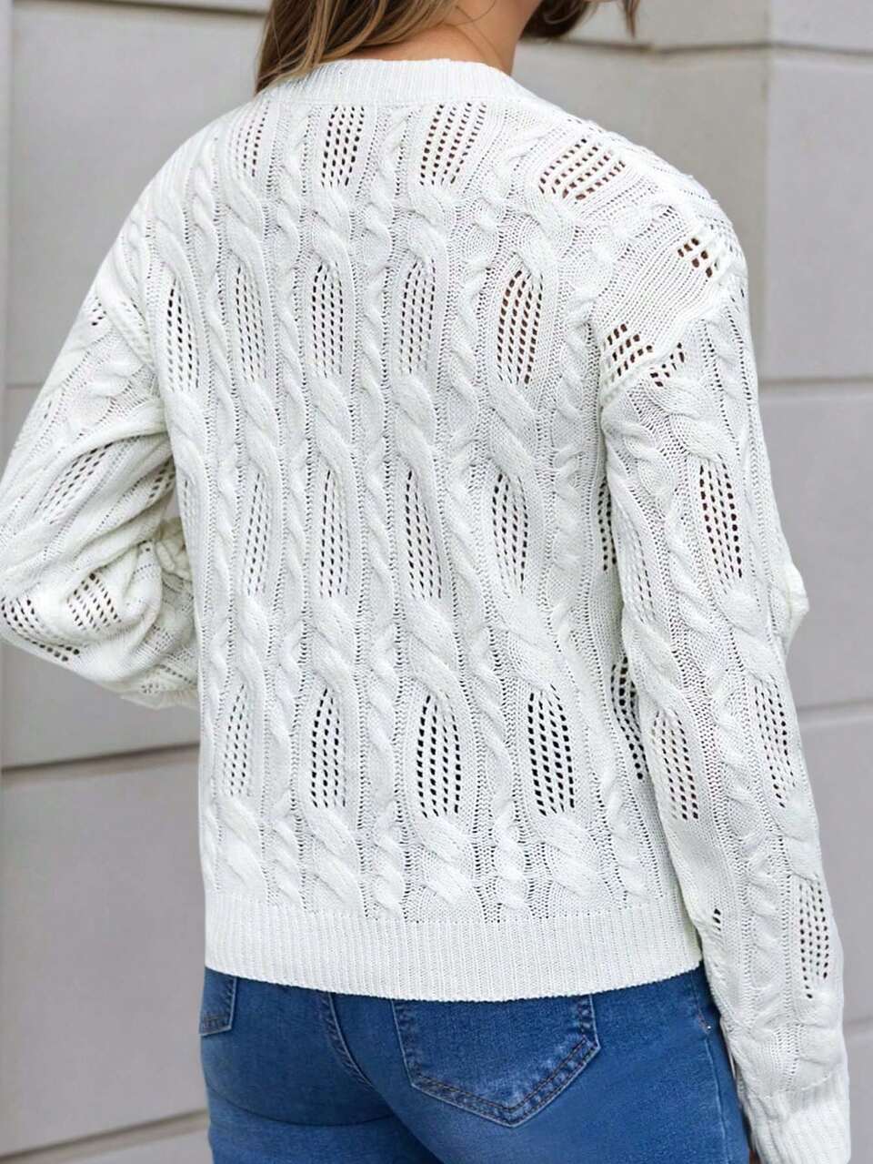 Stereo Flowers Pointelle Knit Drop Shoulder Knit Pullover Fall Winter Sweater