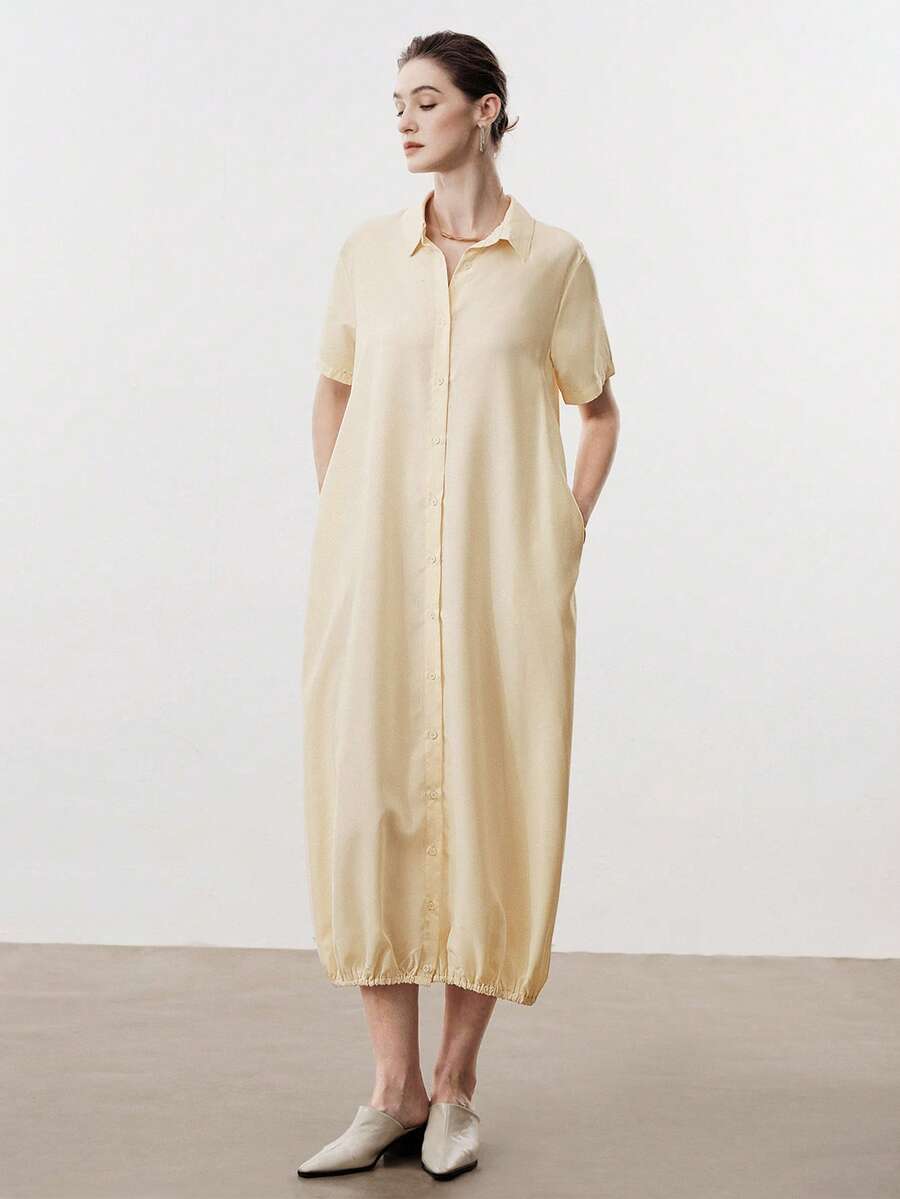 Aalyst 女士优雅法式休闲/通勤/度假/下午茶浪漫高品质棉麻衬衫领褶皱下摆喇叭形宽松长袖连衣裙，春夏款 - 杏色 - 查看 1