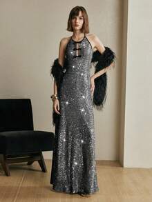 Arave 女士亮片V领露背优雅派对连衣裙 - 黑與白 - 查看 5