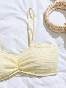 Teen Girl Swimwear, Yellow Striped 3 PiecesSwimwear Set With Drawstring Skirt, Simple & Elegant Student Beach Swimwear - Yellow - View 4