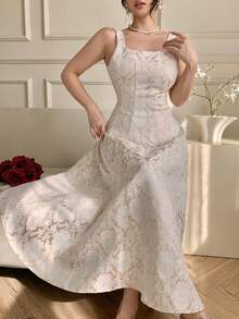 DAZY Women's Elegant Floral Print Sleeveless Dress With Square Neckline, Summer - Apricot - View 6