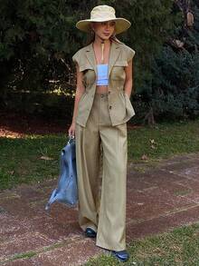 Livesso Women's Collared Sleeveless Waist Cinched Outdoor Top And Casual Pants 2 Pieces Set - Khaki - View 3