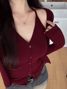 DAZY 2pcs/Set Sexy Design Long Sleeve T-Shirt, Halter Neck, Slim Fit, Casual Top For Women