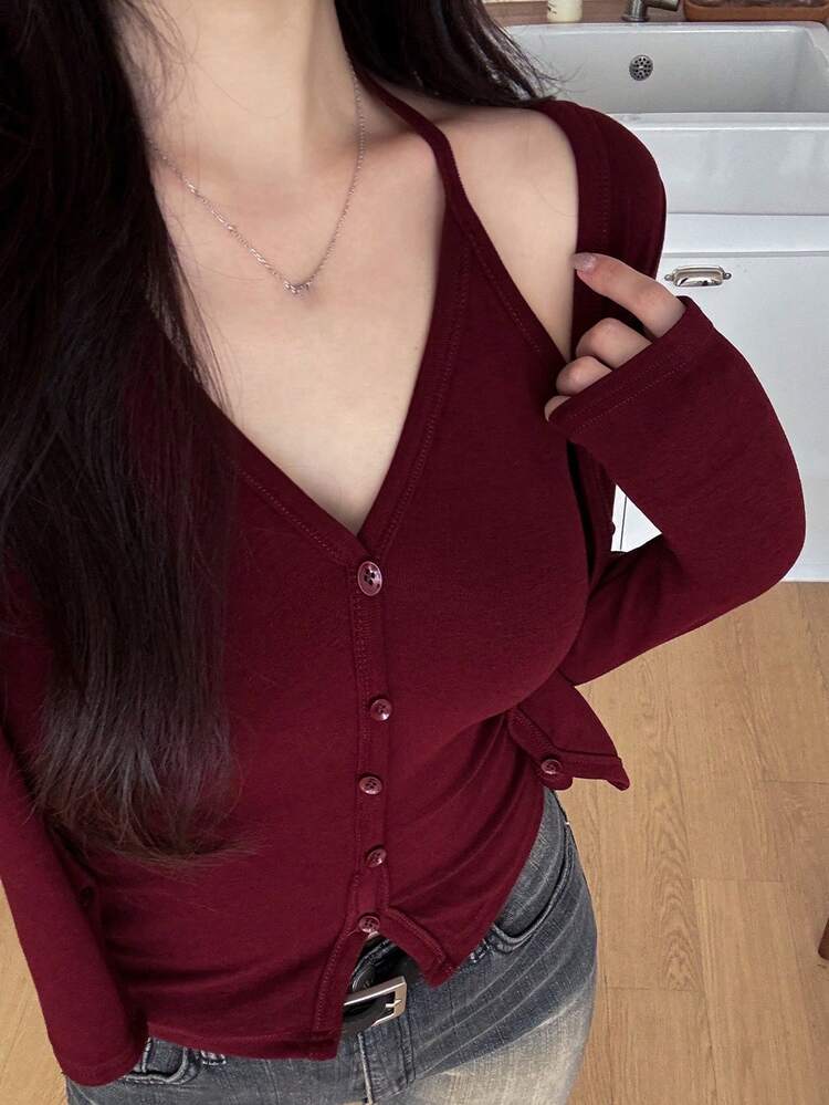2pcs/Set Sexy Design Long Sleeve T-Shirt, Halter Neck, Slim Fit, Casual Top For Women Spring