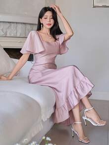 DAZY 女士优雅纯色方领荷叶袖连衣裙，春夏婚礼宾客礼服长款连衣裙 - 粉色 - 查看 1