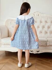 Elladie kids 1 st flickvänlig vävd texturerad blå jacquardtyg vit broderad krage puffärm öppen framtill midja åtsittande casual semester mångsidig söt prinsessklänning för skolan, födelsedagsfest - Blå - Visa 2