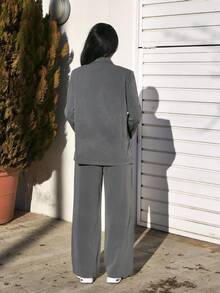 Yess Loren 2 件套女士纯色前扣长袖口袋翻领上衣和裤子休闲套装秋冬