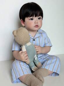 DAZY 两件套幼儿男童休闲条纹翻领宽松衬衫和裤子套装，舒适家居服 - 藍色 - 查看 5