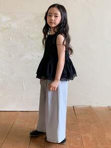 DAZY 2件套少女圆领蕾丝拼接无袖韩版上衣和宽松休闲阔腿裤套装 - 黑色 - 查看 6