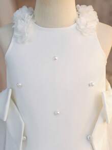SHEIN 女童纯色3D立体花卉拼接圆领无袖休闲雪纺连衣裙 - 白色 - 查看 9