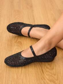 CUCCOO HITCHD Women's Fashionable & Elegant Rhinestone Decor Buckle Flats - Black - View 4