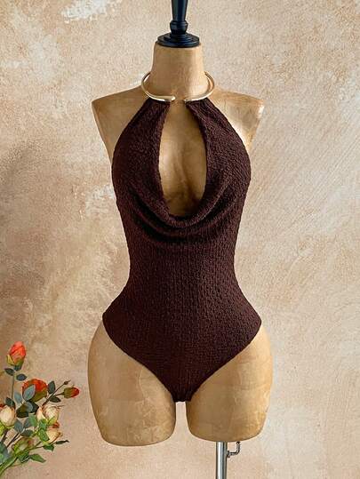 Soleia Brown Plunging Neckline Metal Choker Bodysuit For Women Spring To Summer Valentine's Day Carnival Carnival Costume  Party Beach Wedding Elegant Casual