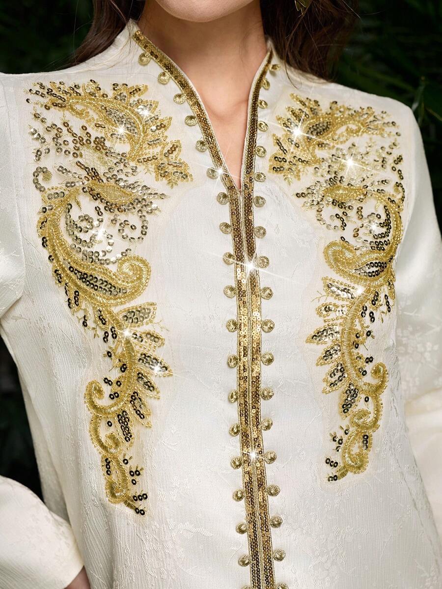 Al Najma 新款女士迪拜中东风格晚礼服，刺绣凸纹图案，撞色设计，水钻装饰长款长袍式连衣裙 - 杏色 - 查看 1