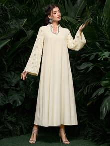 Al Najma Women's Apricot Woven Long Sleeve Sequin Embroidered V-Neck Sequin Ribbon Elegant Arabic Dress, Spring/Summer - Apricot - View 3