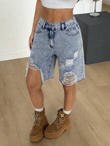 SHEIN PETITE 春夏女式派对 Y2K 度假休闲口袋水钻装饰做旧牛仔短裤 - 淺色水洗藍 - 查看 7