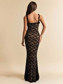 SHEIN BAE 黑色蕾丝碎花吊带连体连衣裙，优雅蕾丝连衣裙，适合派对和聚会 - 黑色 - 查看 2