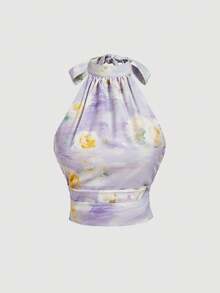 SHEIN MOD 紫色油画花卉印花缎面立领蝴蝶结上衣，完美适用于度假、约会、野餐、派对、舞会、节日和生日；浪漫复古宫廷风格，情人节、狂欢节服装，夏季、春季女装，狂欢节服装 - 紫色 - 查看 3