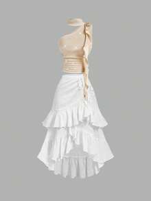 SHEIN MOD 纹理面料层叠荷叶边抽绳不对称高低裙——完美适用于度假、约会、野餐、派对、舞会、节日和生日；浪漫复古宫廷风格